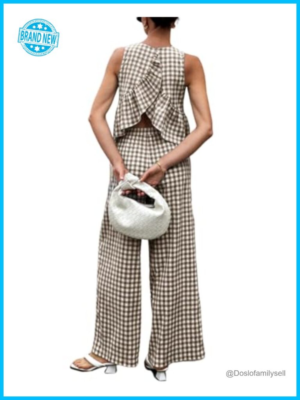 Women's 2 Piece Gingham Ruffle Tank & Wide Leg Pants Lounge Set